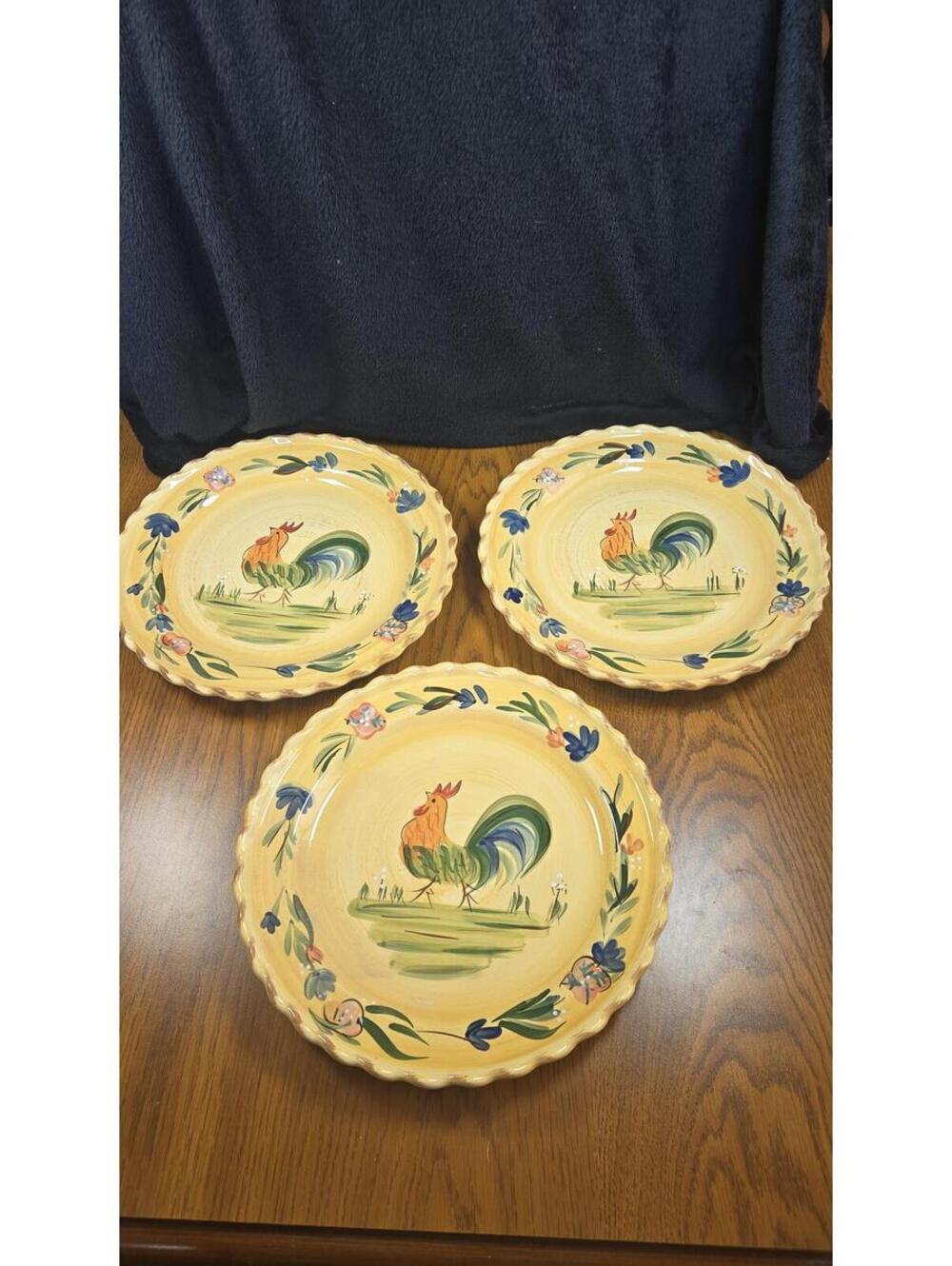 Set of 3 Hand-Painted Rooster Ceramic Plates